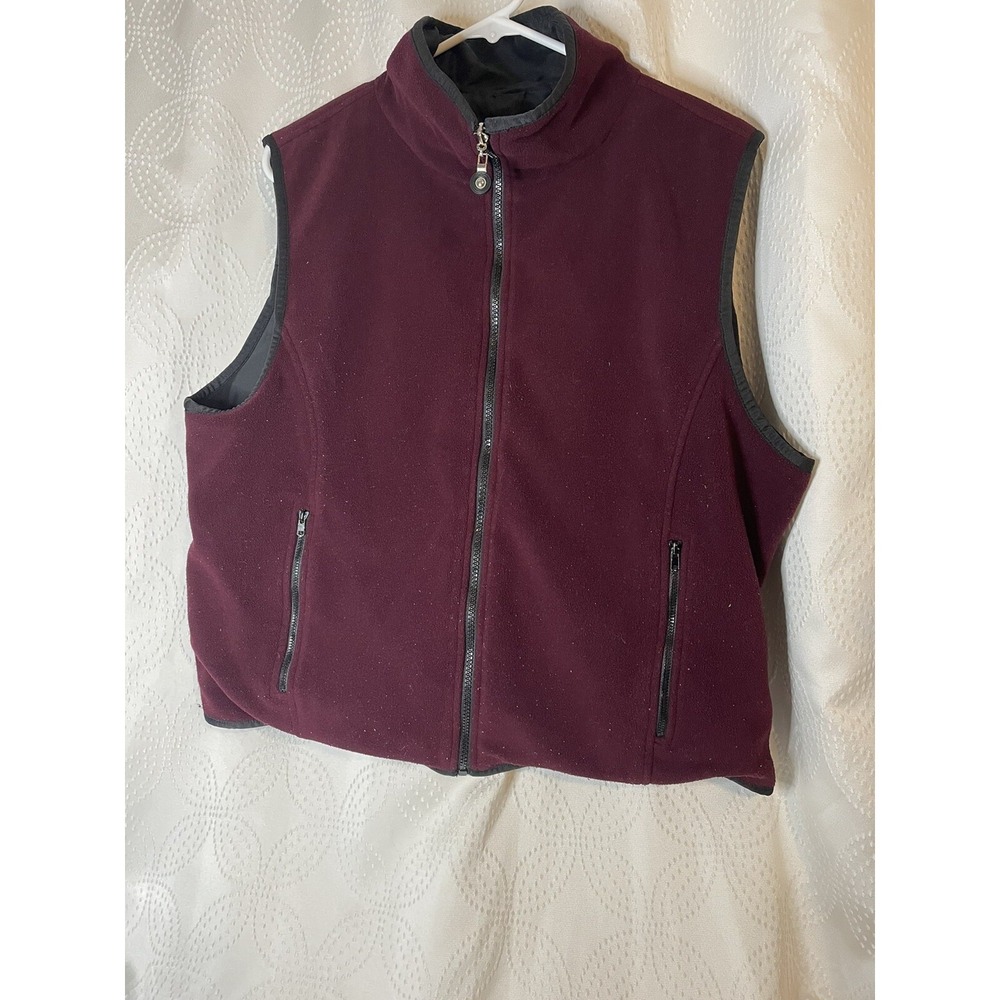 Coaco Fleece Vest Maroon w/Black Trim Lined Sz L Zipper Pockets & Front